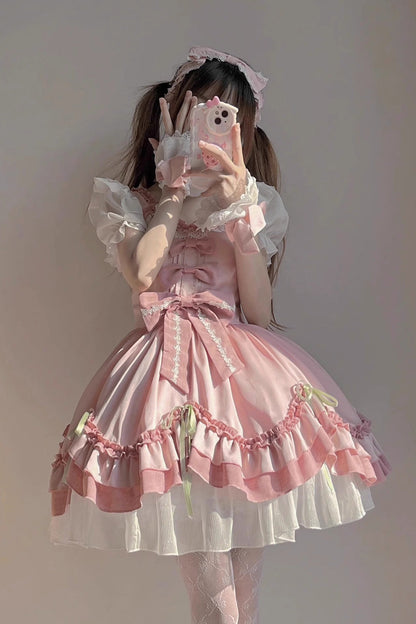 One-Piece Lolita Dress - White/pink, 2 Colors, Bow Detail, Ruffled, Sweet Style - main product image
