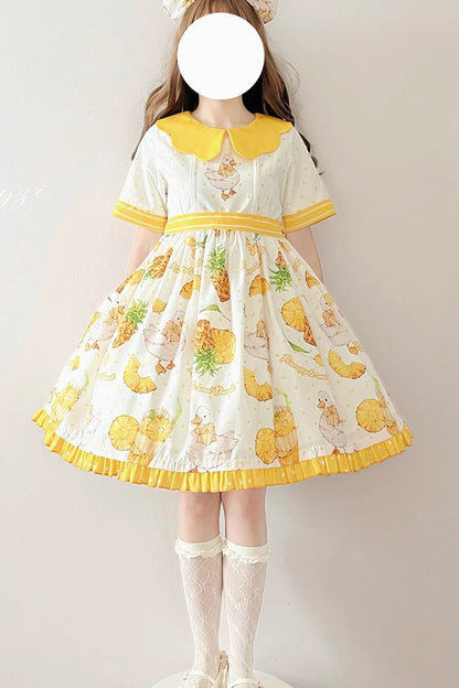 One-Piece Lolita Dress - White/yellow, 2 Colors, Printed, Sweet Style, Bow Detail - additional product view 2