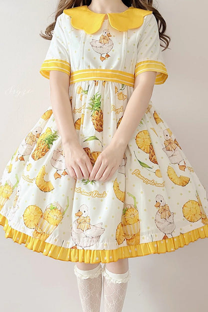 One-Piece Lolita Dress - White/yellow, 2 Colors, Printed, Sweet Style, Bow Detail - additional product view 3