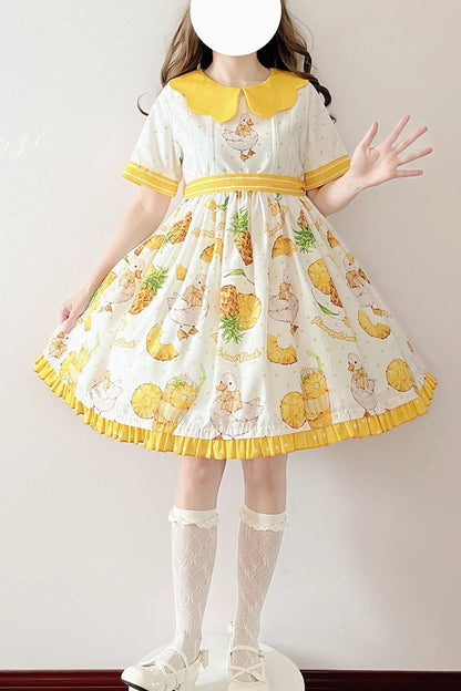 One-Piece Lolita Dress - White/yellow, 2 Colors, Printed, Sweet Style, Bow Detail - additional product view 4