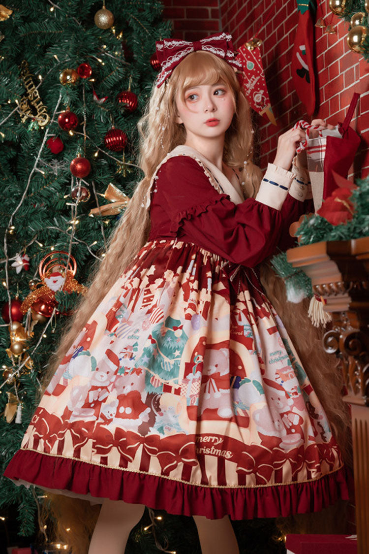 One-Piece Lolita Dress - Wine Christmas Bear Print, red, High Waist, Ruffled, Printed - additional product view 2