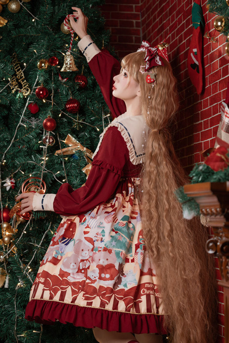 One-Piece Lolita Dress - Wine Christmas Bear Print, red, High Waist, Ruffled, Printed - additional product view 4