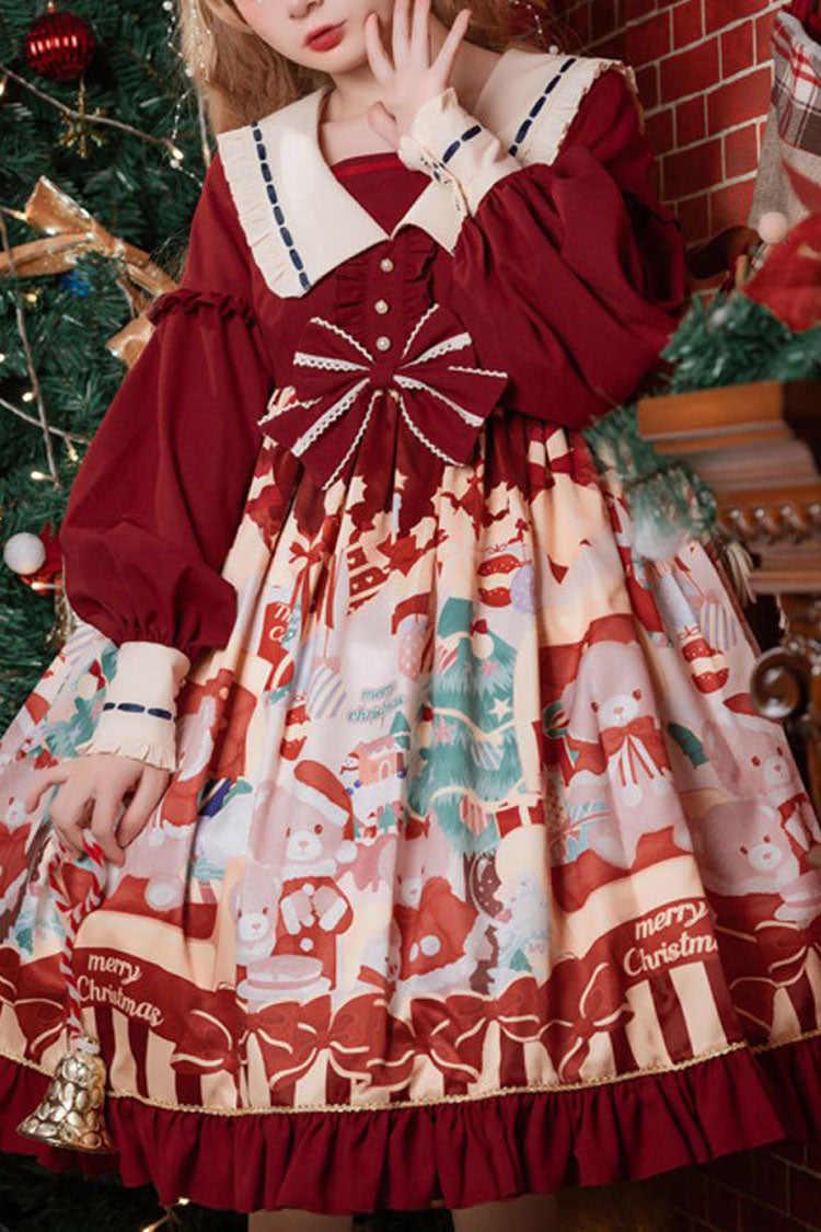 One-Piece Lolita Dress - Wine Christmas Bear Print, red, High Waist, Ruffled, Printed - main product image