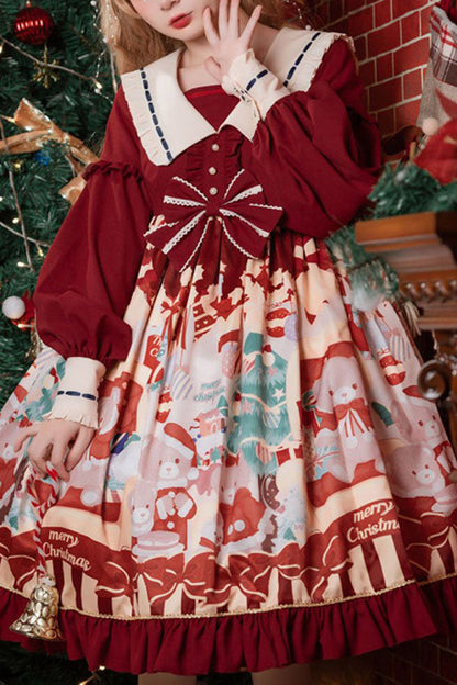 One-Piece Lolita Dress - Wine Christmas Bear Print, red, High Waist, Ruffled, Printed - main product image