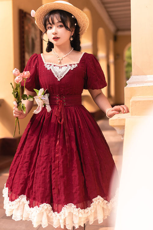 One-Piece Lolita Dress - Wine Elegant Vintage Square, Wine, Square Collar, Classic Style - additional product view 2