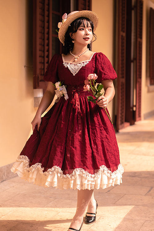 One-Piece Lolita Dress - Wine Elegant Vintage Square, Wine, Square Collar, Classic Style - additional product view 4