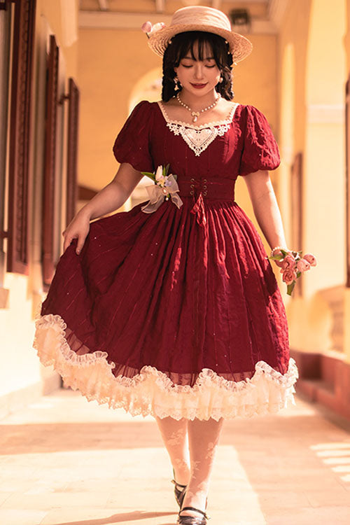 One-Piece Lolita Dress - Wine Elegant Vintage Square, Wine, Square Collar, Classic Style - additional product view 5