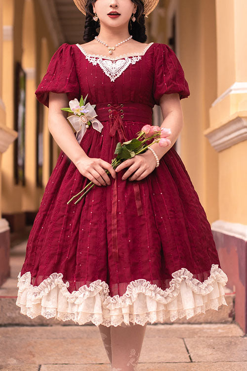 One-Piece Lolita Dress - Wine Elegant Vintage Square, Wine, Square Collar, Classic Style - main product image