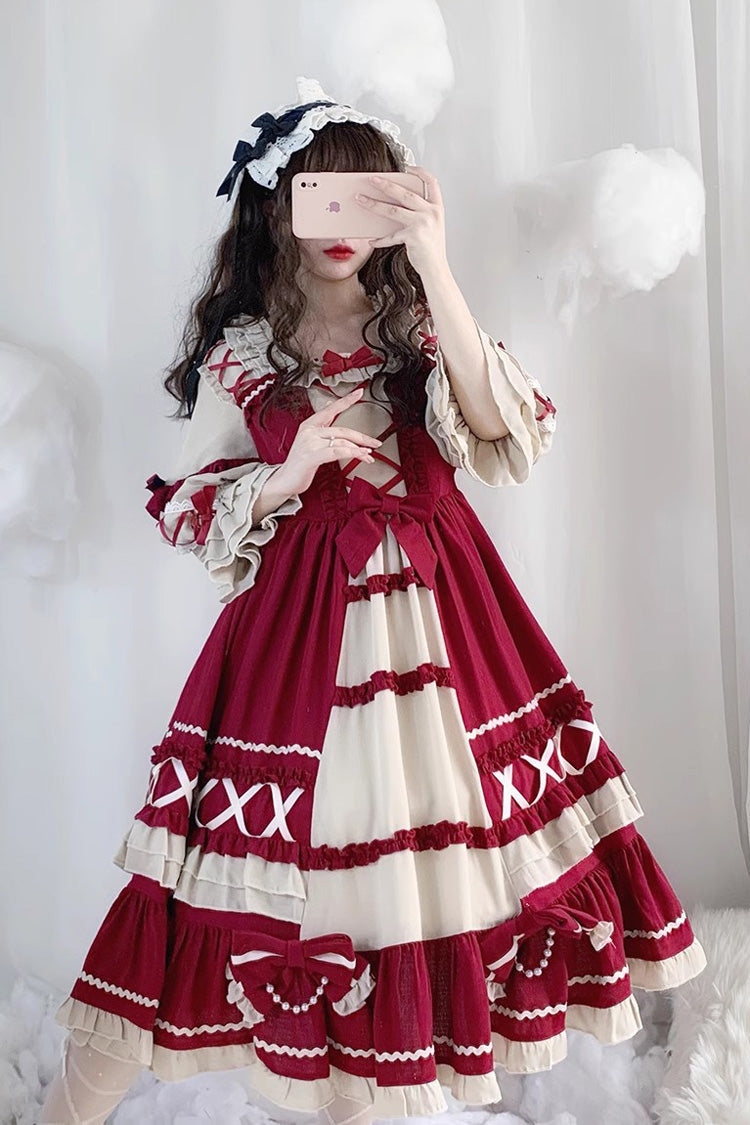 One-Piece Lolita Dress - Wine Red, Red, Ruffled, Long Sleeves, Sweet Style - additional product view 2