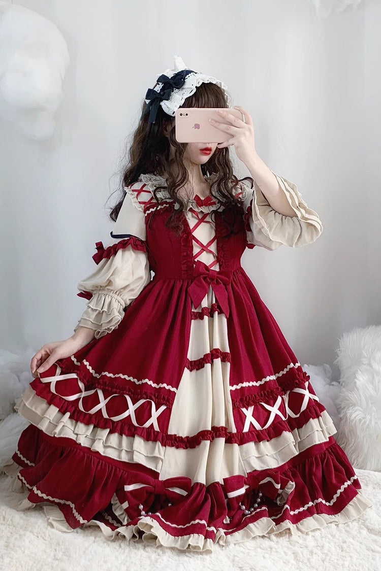One-Piece Lolita Dress - Wine Red, Red, Ruffled, Long Sleeves, Sweet Style - additional product view 3