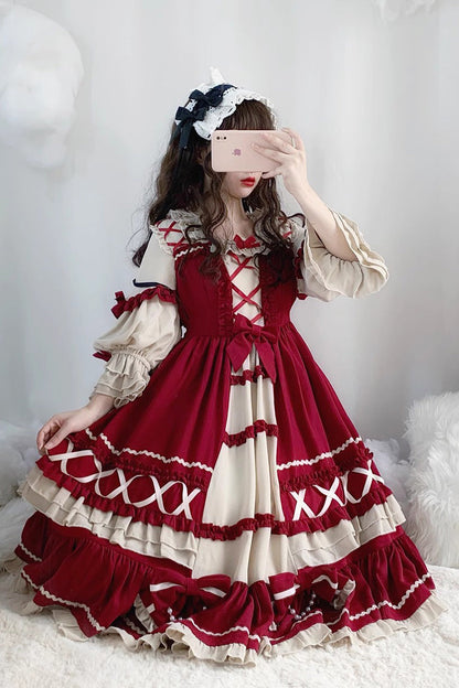 One-Piece Lolita Dress - Wine Red, Red, Ruffled, Long Sleeves, Sweet Style - additional product view 3