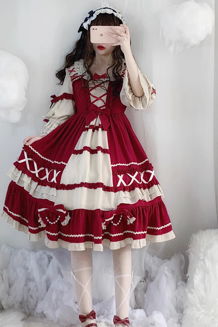One-Piece Lolita Dress - Wine Red, Red, Ruffled, Long Sleeves, Sweet Style - additional product view 4
