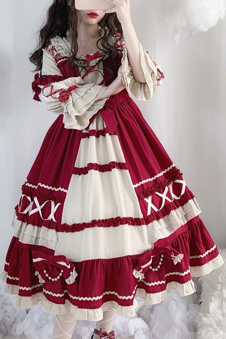One-Piece Lolita Dress - Wine Red, Red, Ruffled, Long Sleeves, Sweet Style - main product image