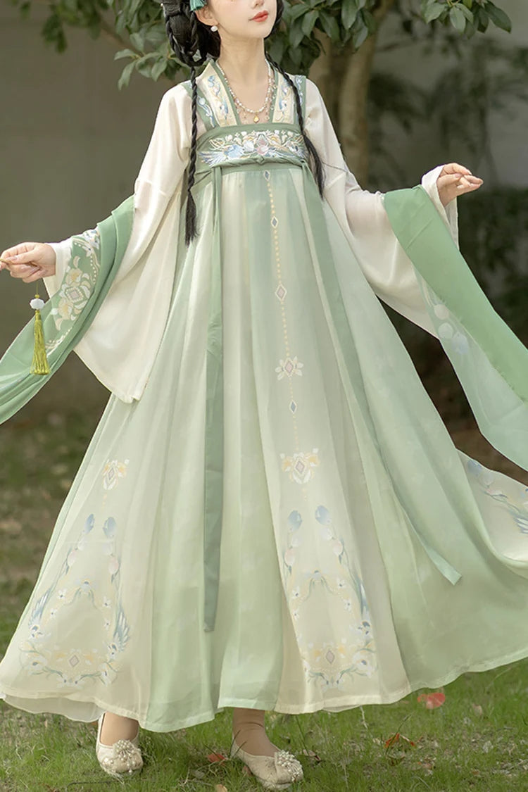 Ouji Fashion Set - Trumpet Sleeves High Waisted, Green, High Waist, Chinese-Inspired Style - main product image