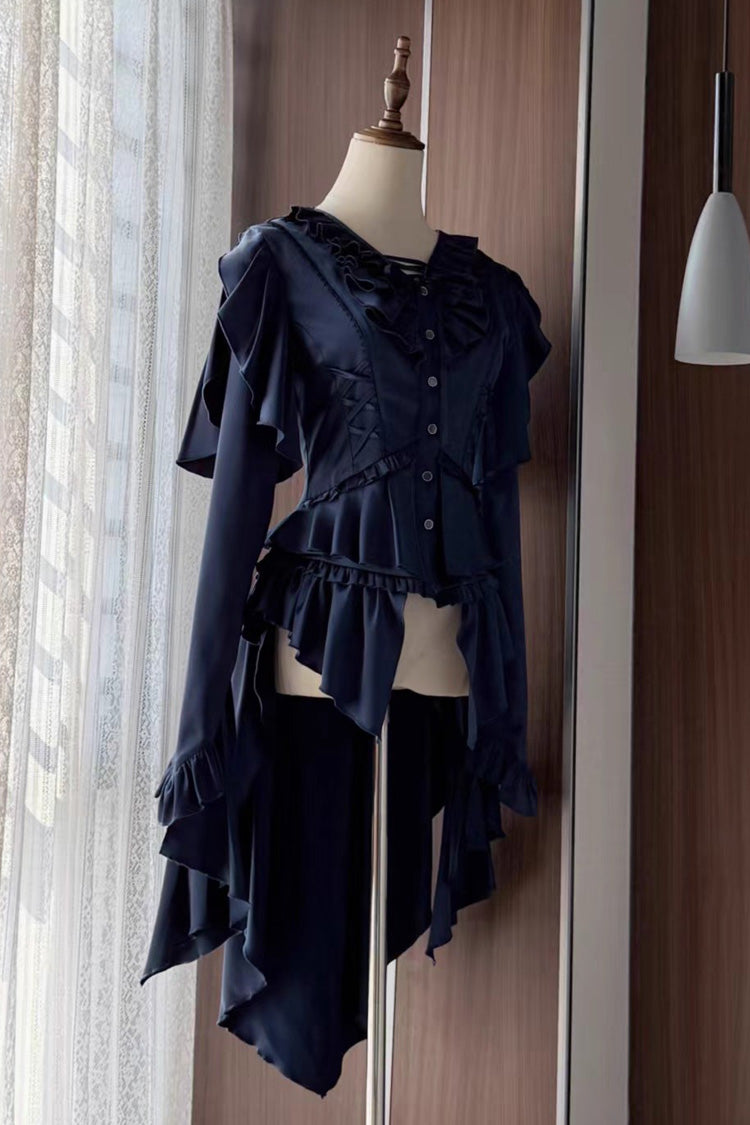 Ouji Lolita Blouse - Echoes Of The Deep Sea, 4 Colors, Gothic Style, Bow Detail, Lace Trim - S Blue / M Blue / L Blue option