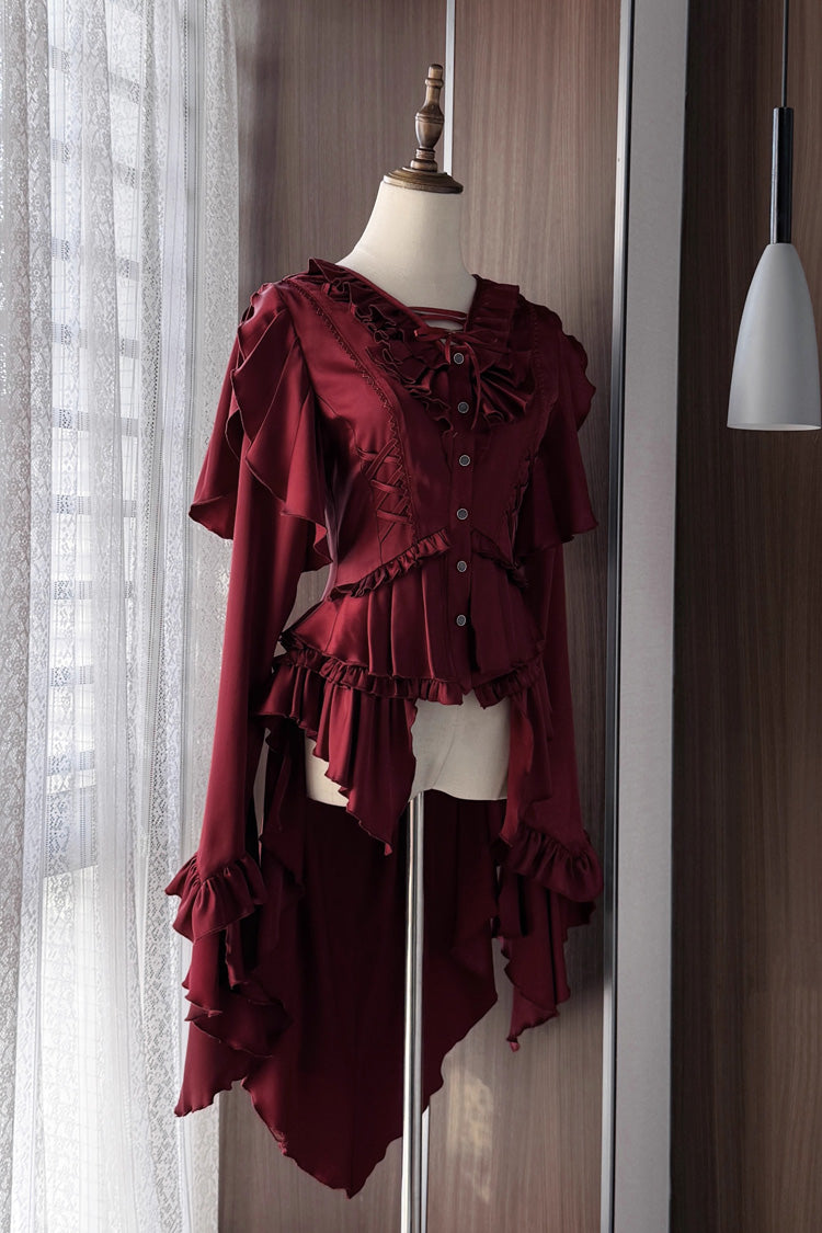 Ouji Lolita Blouse - Echoes Of The Deep Sea, 4 Colors, Gothic Style, Bow Detail, Lace Trim - S Red / M Red / L Red option
