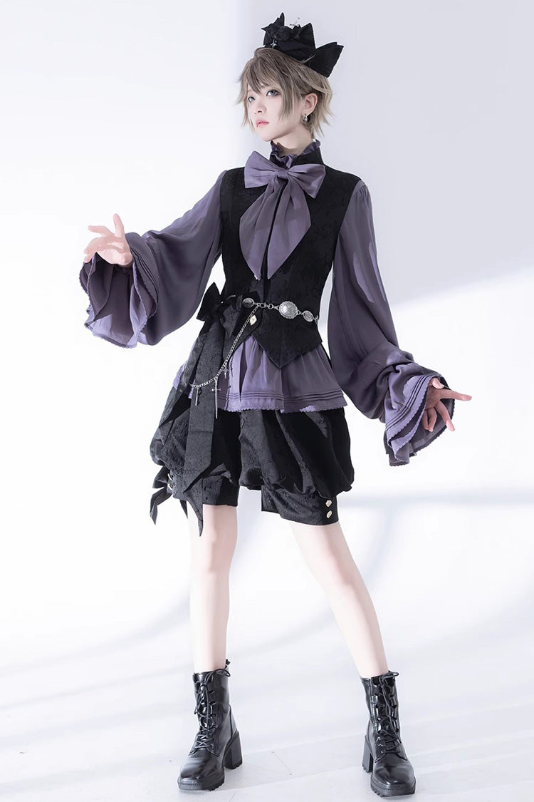 Ouji Lolita Blouse - Hunting Rabbits, Purple, Long Sleeves, Gothic Style, Bow Detail - additional product view 2