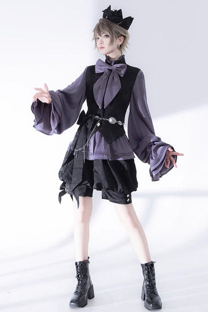 Ouji Lolita Blouse - Hunting Rabbits, Purple, Long Sleeves, Gothic Style, Bow Detail - additional product view 2
