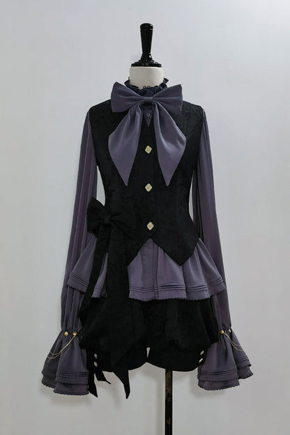 Ouji Lolita Blouse - Hunting Rabbits, Purple, Long Sleeves, Gothic Style, Bow Detail - additional product view 3