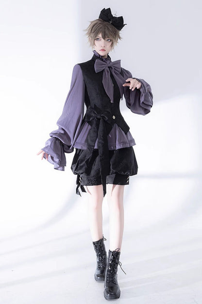 Ouji Lolita Blouse - Hunting Rabbits, Purple, Long Sleeves, Gothic Style, Bow Detail - additional product view 4
