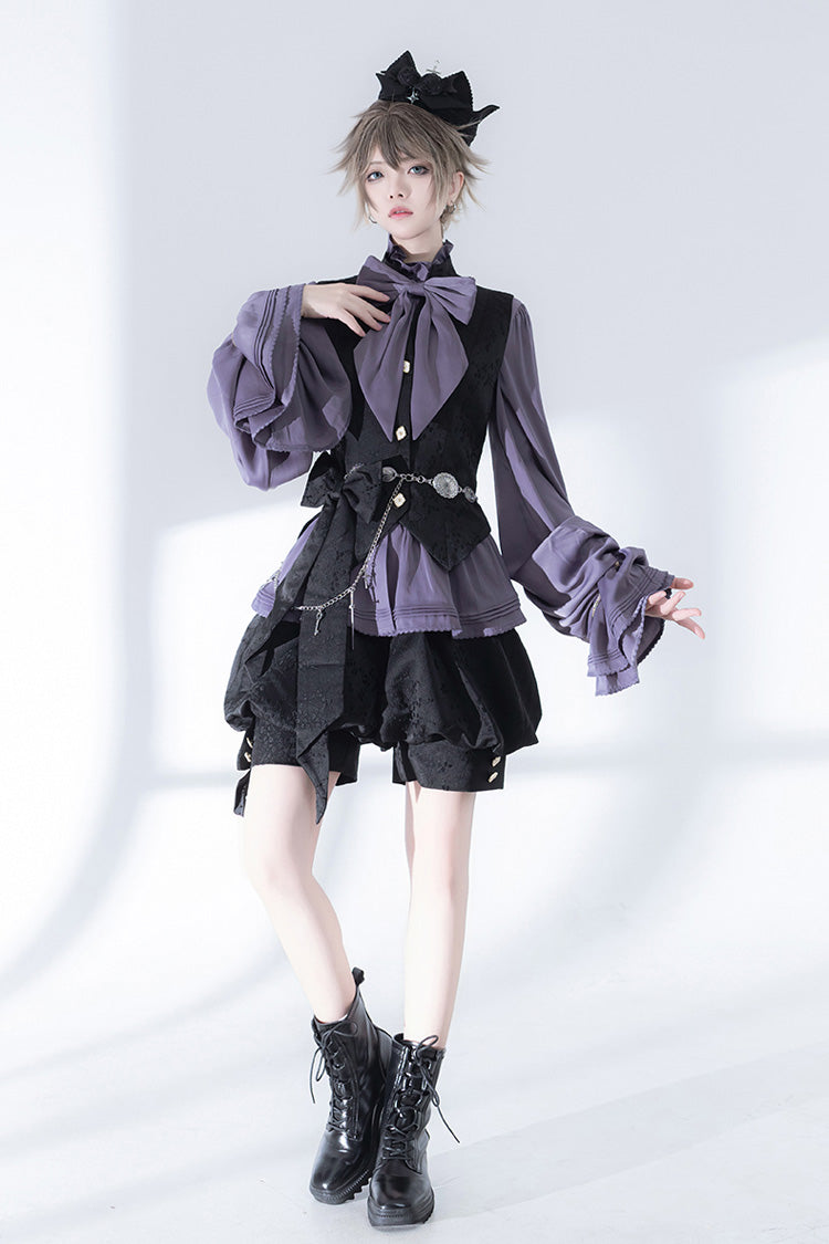 Ouji Lolita Blouse - Hunting Rabbits, Purple, Long Sleeves, Gothic Style, Bow Detail - additional product view 5