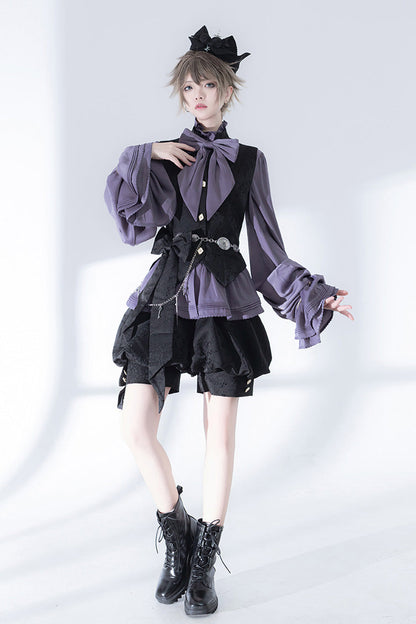 Ouji Lolita Blouse - Hunting Rabbits, Purple, Long Sleeves, Gothic Style, Bow Detail - additional product view 5