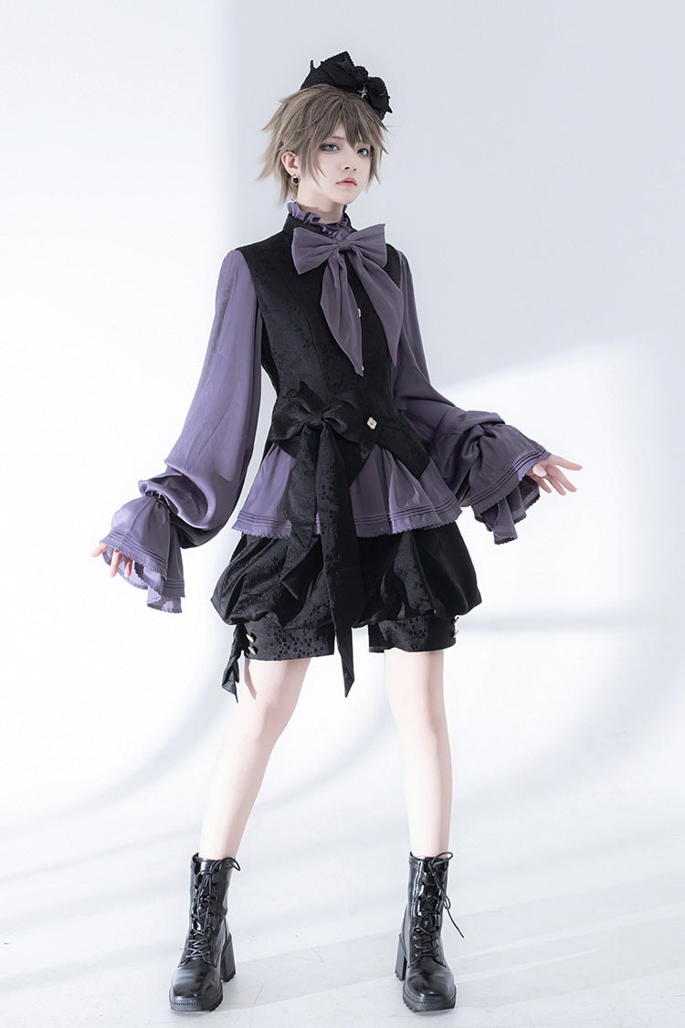Ouji Lolita Blouse - Hunting Rabbits, Purple, Long Sleeves, Gothic Style, Bow Detail - additional product view 6