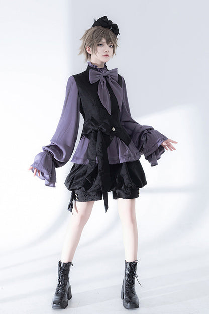 Ouji Lolita Blouse - Hunting Rabbits, Purple, Long Sleeves, Gothic Style, Bow Detail - additional product view 6