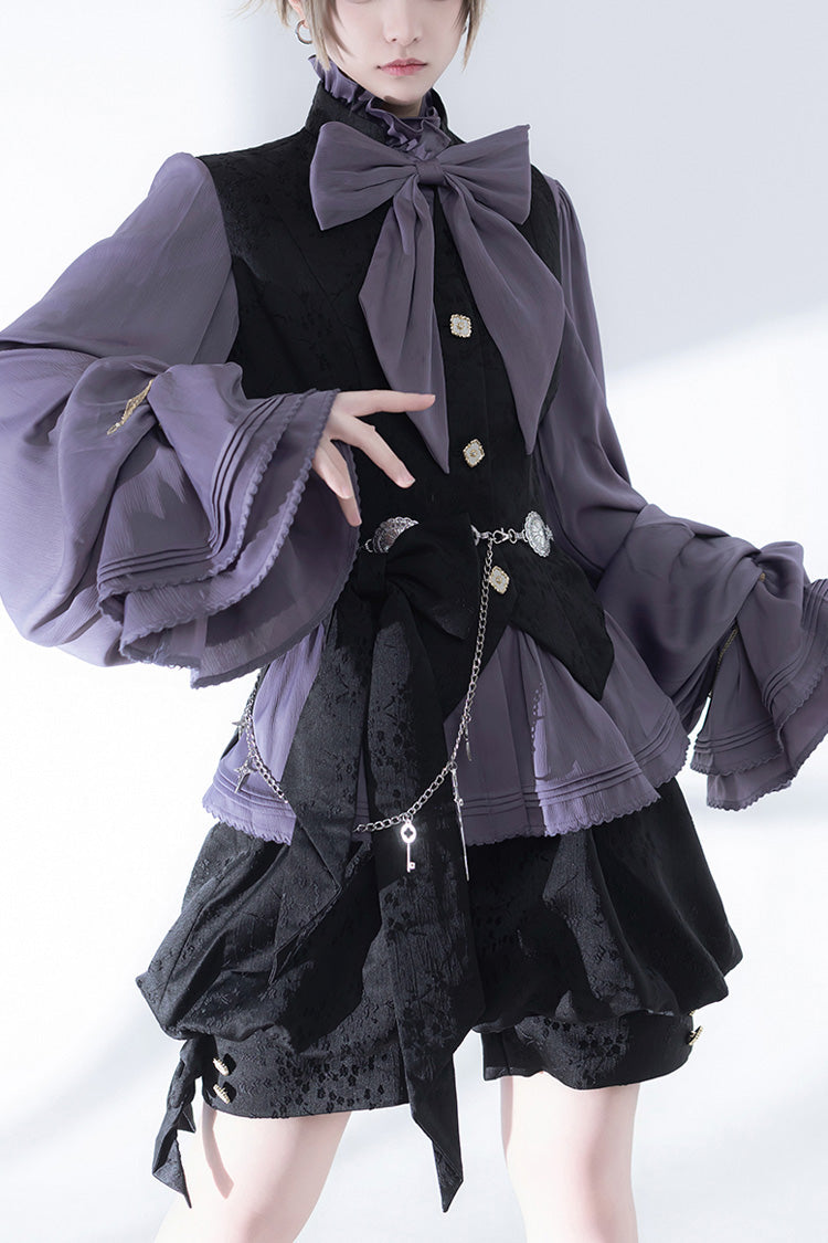 Ouji Lolita Blouse - Hunting Rabbits, Purple, Long Sleeves, Gothic Style, Bow Detail - main product image