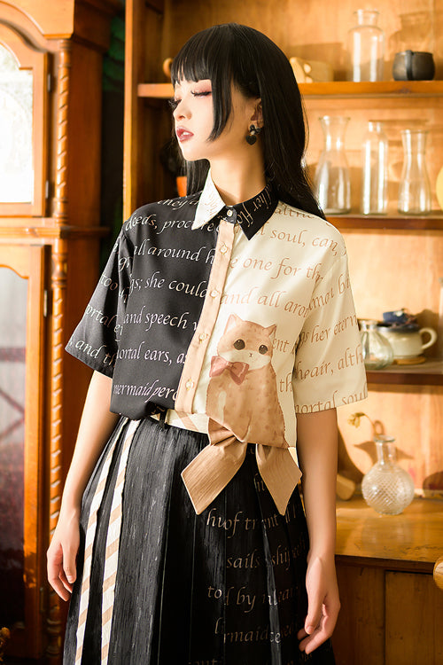 Ouji Lolita Blouse - Lapel Collar Orange Cat Print, Black/White, Printed - additional product view 2