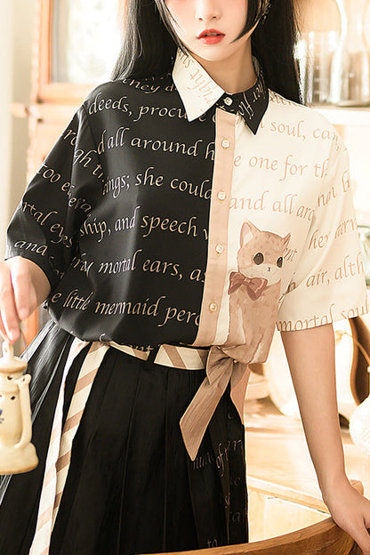Ouji Lolita Blouse - Lapel Collar Orange Cat Print, Black/White, Printed - main product image