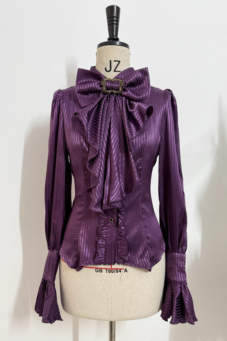Ouji Lolita Blouse - Moonstone Lapel Collar, 3 Colors, Striped, Printed, Long Sleeves - S Purple / M Purple / L Purple option