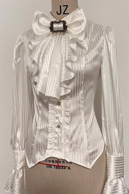 Ouji Lolita Blouse - Moonstone Lapel Collar, 3 Colors, Striped, Printed, Long Sleeves - S White / M White / L White option