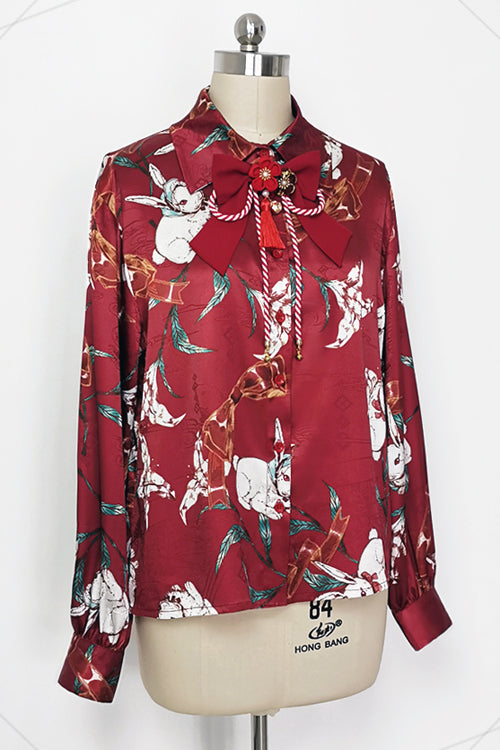 Ouji Lolita Blouse - Original Lily Rabbit Print Lapel, Red, Printed, Long Sleeves - additional product view 2