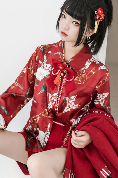 Ouji Lolita Blouse - Original Lily Rabbit Print Lapel, Red, Printed, Long Sleeves - additional product view 3