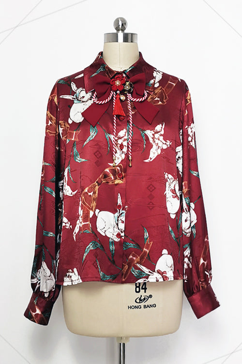 Ouji Lolita Blouse - Original Lily Rabbit Print Lapel, Red, Printed, Long Sleeves - main product image