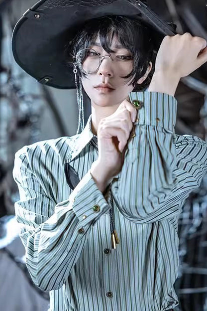 Ouji Lolita Blouse - Rivet, Green, Striped, Long Sleeves, Printed - main product image