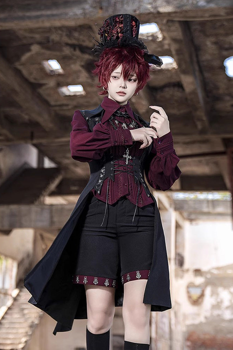 Ouji Prince Fashion Blouse - Lapel Collar Embroidery Slim, Red, Gothic Style, Embroidered - additional product view 2