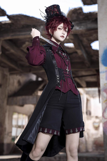 Ouji Prince Fashion Blouse - Lapel Collar Embroidery Slim, Red, Gothic Style, Embroidered - additional product view 6