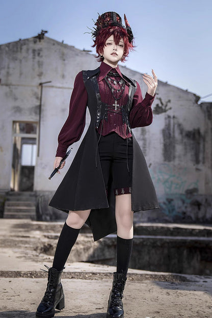 Ouji Prince Fashion Blouse - Lapel Collar Embroidery Slim, Red, Gothic Style, Embroidered - additional product view 9