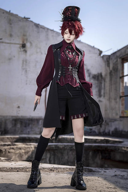 Ouji Prince Fashion Blouse - Lapel Collar Embroidery Slim, Red, Gothic Style, Embroidered - additional product view 10