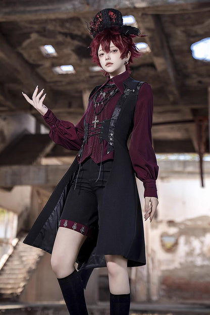 Ouji Prince Fashion Blouse - Lapel Collar Embroidery Slim, Red, Gothic Style, Embroidered - main product image