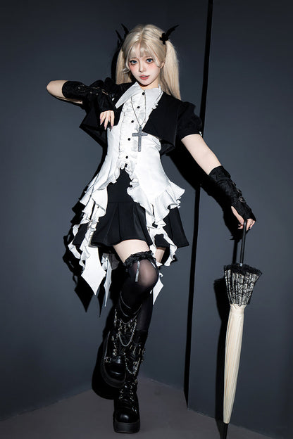 Ouji Prince Fashion Blouse - Ruffle Irregular Clown Pointed, White, Gothic Style, Ruffled - additional product view 3