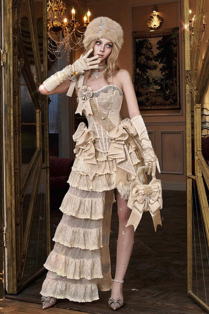 Punk Body Harness - Slavic Noble Lady, Brown, Gothic Style, Bow Detail, Lace Trim - main product image