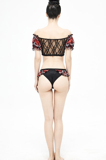 Punk One-Piece Swimsuit - Chest Lace-up Scottish Plaid, Red, Plaid, Women's Style - additional product view 7