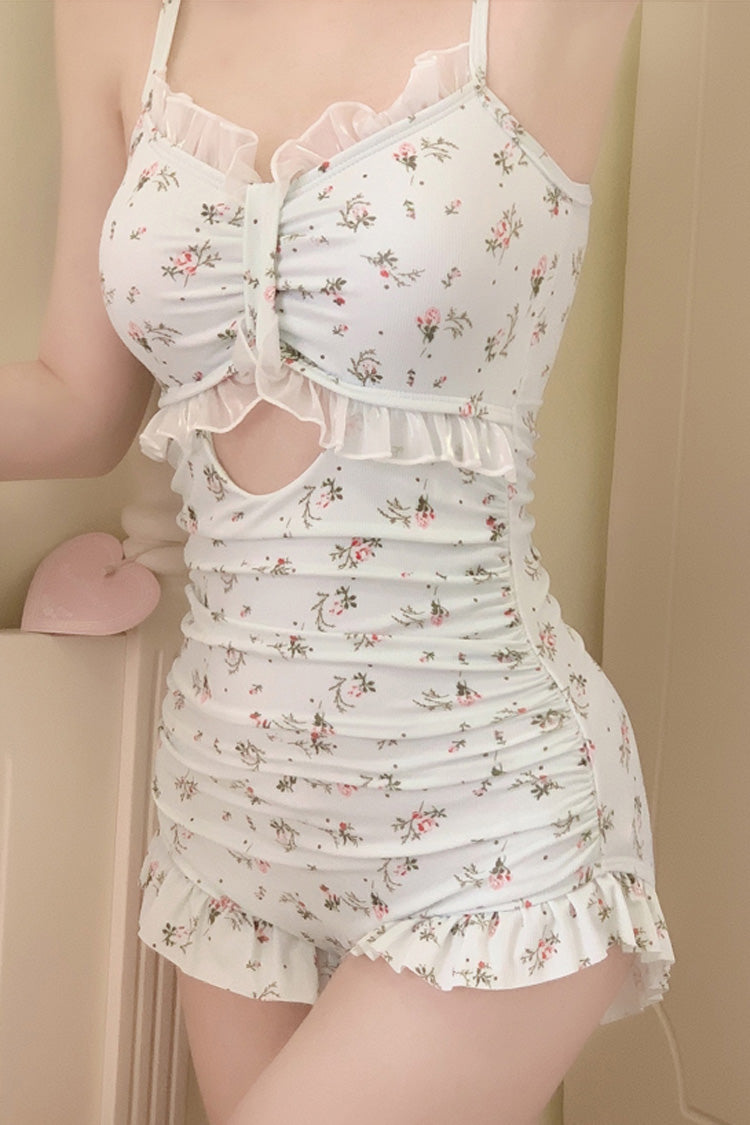 Punk One-Piece Swimsuit - Floral Print, White, Sweet Style, Ruffled, Printed - additional product view 4