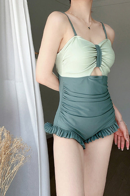 Punk One-Piece Swimsuit - Ruffle Color Matching One, Green, Sweet Style, Ruffled - additional product view 2