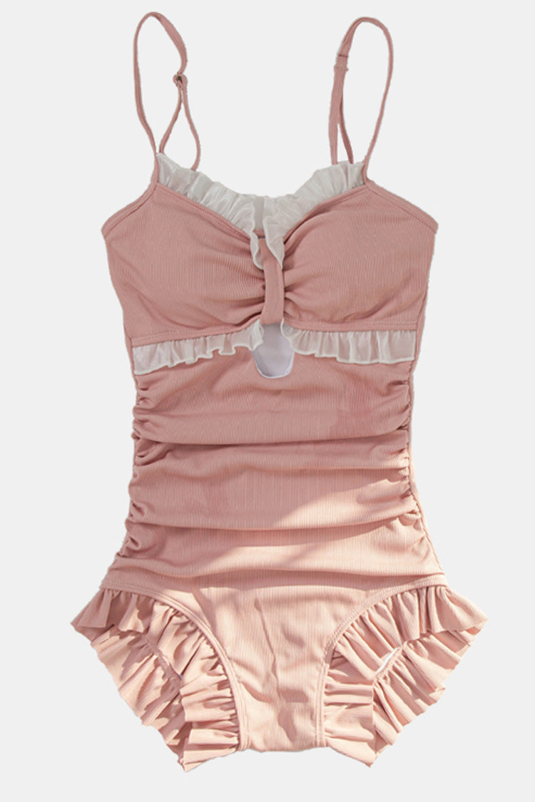 Punk One-Piece Swimsuit - Ruffle Cute Strapless One, Pink, Ruffled, Sweet Style - additional product view 2