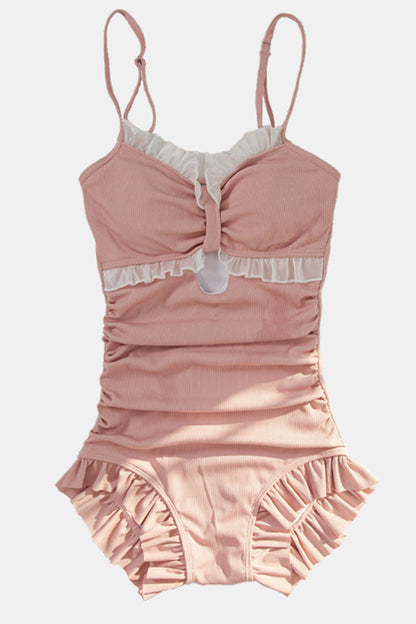 Punk One-Piece Swimsuit - Ruffle Cute Strapless One, Pink, Ruffled, Sweet Style - additional product view 2