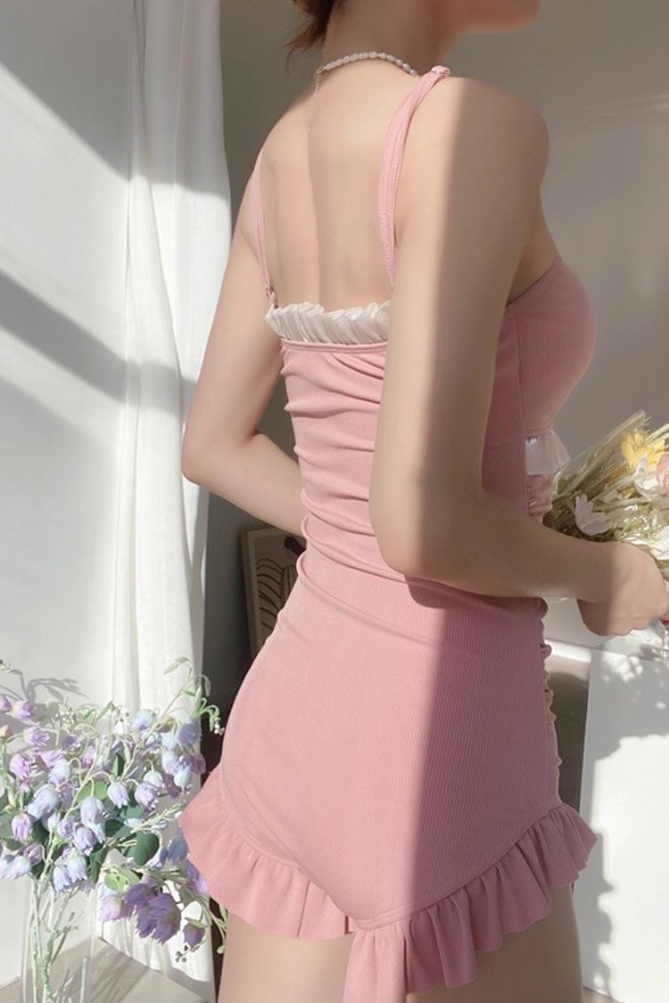 Punk One-Piece Swimsuit - Ruffle Cute Strapless One, Pink, Ruffled, Sweet Style - additional product view 4